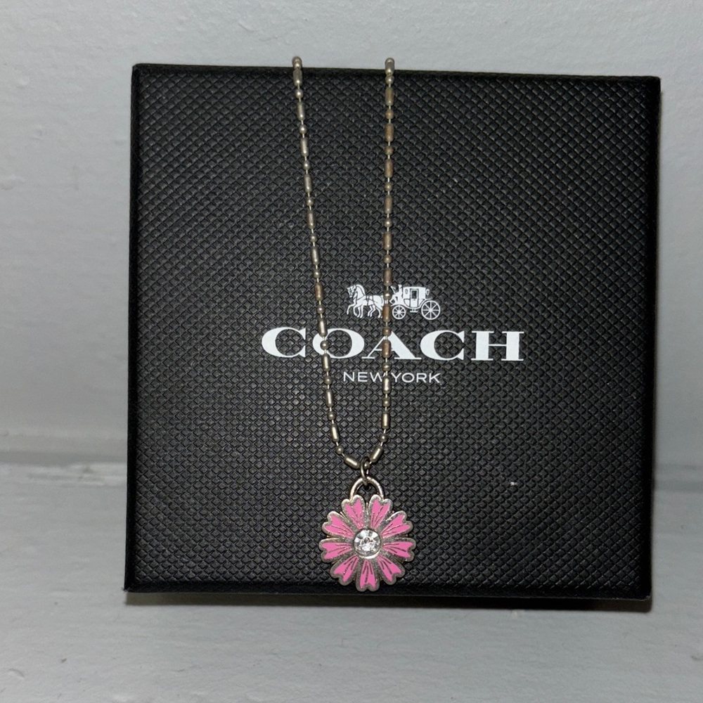 EUC Coach Silver Necklace with Pink Flower Pendant